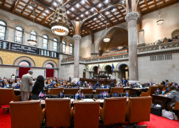 A view of the New York State Assembly Chamber as lawmakers discuss legislative bills during the final session at the state Capitol in Albany, N.Y., on Wednesday, June 7, 2023. (AP Photo/Hans Pennink)