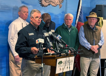 Georgia Department of Natural Resources Commissioner Walter Rabon spoke to the media at the Sapelo Island Visitors Center on Sunday, Oct. 20, 2024. He was joined by Georgia State Representatives Buddy DeLoach and Al Williams, Georgia House Speaker Jon Burns, and McIntosh County Sheriff Stephen Jesup. — Lewis M. Levine/AP