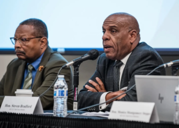 Ariana Drehsler / CalMatters State Senator Steven Bradford, pictured on the right, addresses the Reparations Task Force Meeting at San Diego State on January 28, 2023.