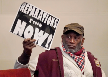 Morris Griffin speaking at a California reparations task force meeting in Oakland on December 14, 2022. (Jeff Chiu / AP File)