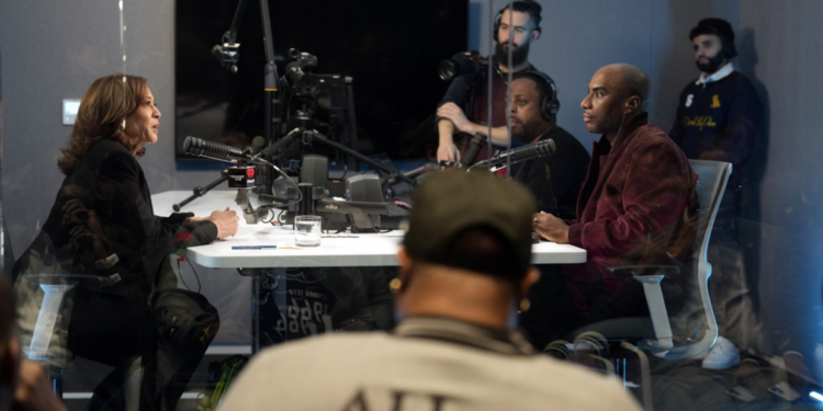 Kamala Harris gets ready to speak with Charlamagne Tha God ahead of "We The People: An Audio Townhall With Kamala Harris and Charlamagne Tha God" in Detroit, Michigan, on October 15 | Bloomberg.