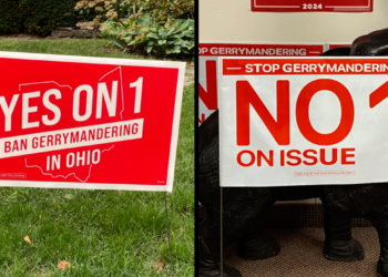 Left: A "Vote Yes" sign supporting the constitutional amendment to replace politicians with a citizen-led commission for redistricting. Right: A "No" sign opposing the proposal. (Photo and graphic by WEWS)