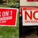 Left: A "Vote Yes" sign supporting the constitutional amendment to replace politicians with a citizen-led commission for redistricting. Right: A "No" sign opposing the proposal. (Photo and graphic by WEWS)