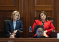 Louisiana Secretary of State Nancy Landry sits alongside Attorney General Liz Murrill as Governor Jeff Landry addresses the opening of a special legislative session focused on crime at the State Capitol in Baton Rouge, Monday, February 19, 2024. (Hillary Schienuk/The Advocate-Pool)