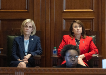 Louisiana Secretary of State Nancy Landry sits alongside Attorney General Liz Murrill as Governor Jeff Landry addresses the opening of a special legislative session focused on crime at the State Capitol in Baton Rouge, Monday, February 19, 2024. (Hillary Schienuk/The Advocate-Pool)