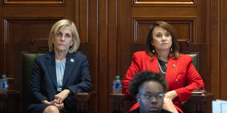 Louisiana Secretary of State Nancy Landry sits alongside Attorney General Liz Murrill as Governor Jeff Landry addresses the opening of a special legislative session focused on crime at the State Capitol in Baton Rouge, Monday, February 19, 2024. (Hillary Schienuk/The Advocate-Pool)