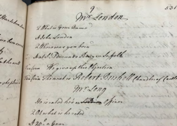 Photograph of the mid-18th-century record documenting John London's testimony at the scrutiny hearing. Credit: Dr. Gillian Williamson