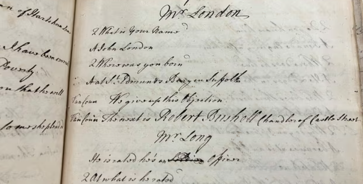 Photograph of the mid-18th-century record documenting John London's testimony at the scrutiny hearing. Credit: Dr. Gillian Williamson