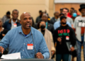 During a public hearing of California's Reparations Task Force on March 4, Matthew Burgess from Sacramento expressed his views. Photo credit: Lezlie Sterling / Zuma Press.