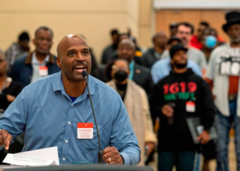During a public hearing of California's Reparations Task Force on March 4, Matthew Burgess from Sacramento expressed his views. Photo credit: Lezlie Sterling / Zuma Press.