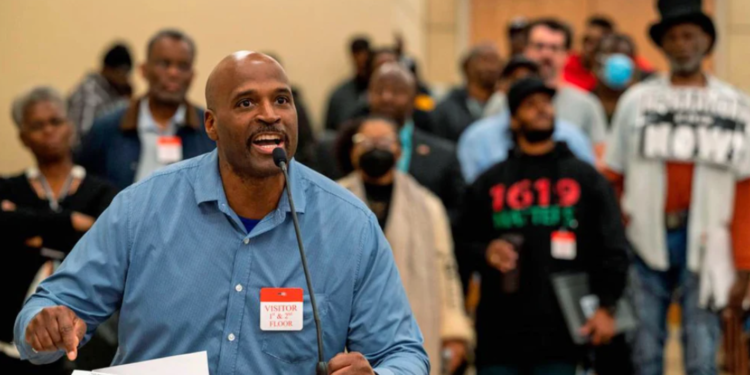 During a public hearing of California's Reparations Task Force on March 4, Matthew Burgess from Sacramento expressed his views. Photo credit: Lezlie Sterling / Zuma Press.