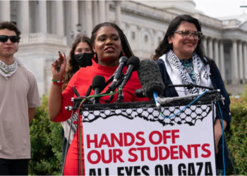 Cori Bush speaks outside the U.S. Capitol in Washington, D.C., following the removal of a pro-Palestinian tent encampment at George Washington University by police, during which demonstrators were arrested [File: Jose Luis Magana/AP].
