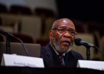 Dr. Amos C. Brown, pastor of Third Baptist Church in San Francisco, spoke at a California Reparations Task Force meeting on April 14, 2022. Brown has publicly defended Vice President Kamala Harris against accusations from conservative media outlets, which have alleged that they hold anti-American views. (Beth LaBerge/KQED)