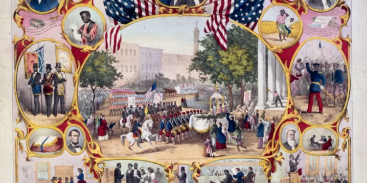 1870: An illustration commemorating the ratification of the 15th Amendment, which prohibited denying voting rights based on race. MPI/Getty Images