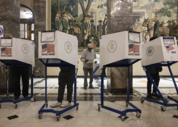 On Election Day, Tuesday, Nov. 5, 2024, voters cast their ballots at the Bronx County Supreme Court in New York. (AP Photo/Yuki Iwamura)