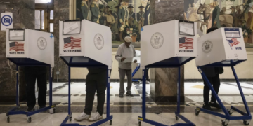 On Election Day, Tuesday, Nov. 5, 2024, voters cast their ballots at the Bronx County Supreme Court in New York. (AP Photo/Yuki Iwamura)