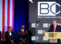 Former U.S. President and Republican presidential candidate Donald Trump delivers the keynote speech at the Black Conservative Federation gala dinner in Columbia, South Carolina, on February 23, 2024.