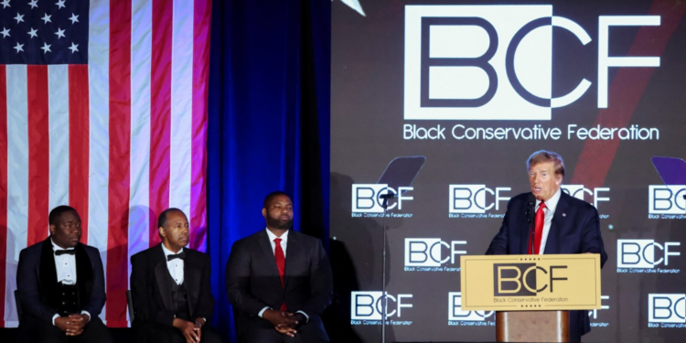 Former U.S. President and Republican presidential candidate Donald Trump delivers the keynote speech at the Black Conservative Federation gala dinner in Columbia, South Carolina, on February 23, 2024.