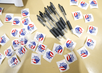 FILE - Pens surrounded by "I Voted" stickers are seen at a polling station in Jackson, Miss., on March 12, 2024. On Thursday, July 18, a federal appeals court determined that the responsibility for altering Mississippi's policy of revoking voting rights for individuals convicted of certain felonies lies with the state legislature, not the judiciary. (AP Photo/Rogelio V. Solis, File)