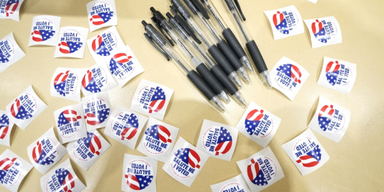 FILE - Pens surrounded by "I Voted" stickers are seen at a polling station in Jackson, Miss., on March 12, 2024. On Thursday, July 18, a federal appeals court determined that the responsibility for altering Mississippi's policy of revoking voting rights for individuals convicted of certain felonies lies with the state legislature, not the judiciary. (AP Photo/Rogelio V. Solis, File)