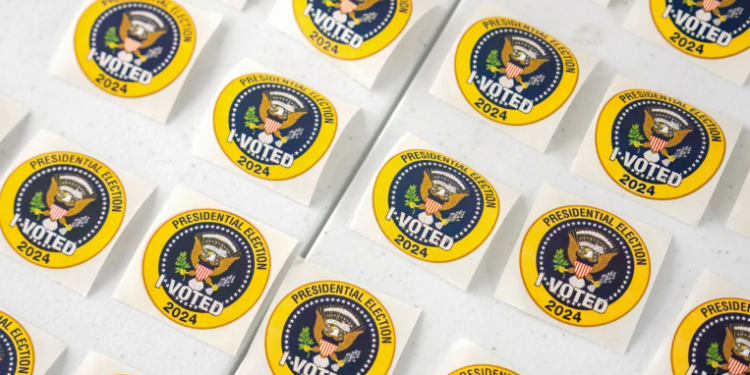 "I Voted" stickers are showcased at a polling station during early voting at the Ellen M. Bozeman Government Center in Arlington, Virginia, on Saturday, October 26, 2024. Photo credit: Kent Nishimura/Bloomberg/Getty Images.