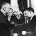 On August 6, 1965, U.S. President Lyndon B. Johnson hands a pen to Reverend Martin Luther King Jr. during the signing of the Voting Rights Act, which ruled literacy tests unconstitutional. (Washington Bureau / Getty Images)