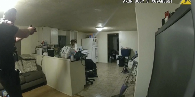 This body camera footage, released by the Illinois State Police on Monday, July 22, 2024, shows former Sangamon County Sheriff’s Deputy Sean Grayson aiming his gun at Sonya Massey, who had called 911 for assistance. The incident occurred inside Massey’s Springfield, Illinois, home on July 6, 2024, and ended with Grayson fatally shooting her. (Illinois State Police via AP)