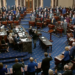 Senate members taking the oath for Donald Trump’s impeachment trial © Senate Television/AP