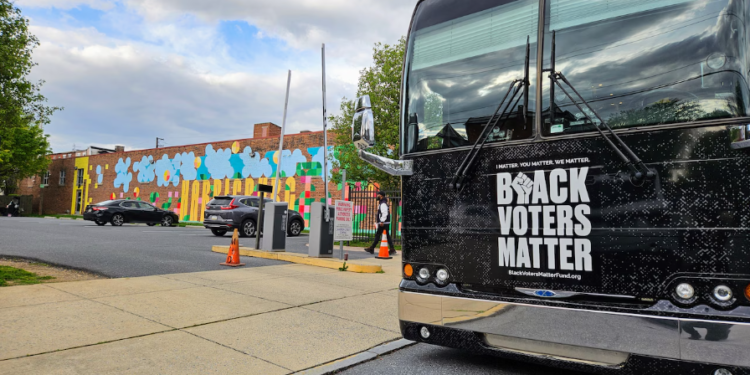 The Black Voters Matter tour bus was spotted outside Midtown Cinema in Harrisburg on April 21, 2024. (Credit: Zack Hoopes)