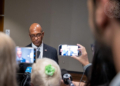 Robert Wood, the U.S. Deputy Permanent Representative to the United Nations, speaks to reporters following a closed Security Council meeting on the Middle East situation, held on October 8, 2023. Credit: Paulo Filgueiras/U.N. Photo.