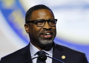 NAACP President Derrick Johnson, pictured in 2019, announced that the organization is representing Mississippi Congressman Bennie Thompson in the lawsuit. The NAACP has also confirmed that additional members are expected to join the case. (Photograph: Carlos Osorio/AP)