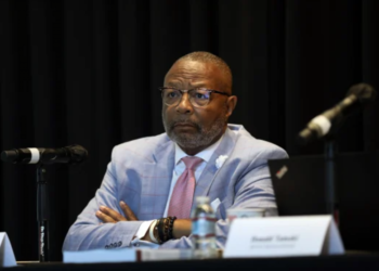 Reginald Jones-Sawyer, a member of the California Reparations Task Force, participated in a public hearing on reparations held in Los Angeles in September 2022. The event was documented by Carolyn Cole of the Los Angeles Times, via Getty Images.