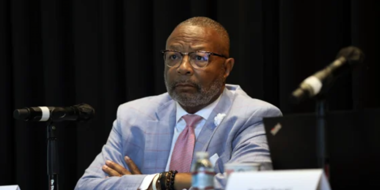 Reginald Jones-Sawyer, a member of the California Reparations Task Force, participated in a public hearing on reparations held in Los Angeles in September 2022. The event was documented by Carolyn Cole of the Los Angeles Times, via Getty Images.