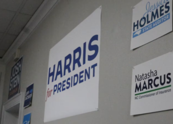 Candidate signs are displayed at the Mecklenburg County Democratic Party office on East Trade Street. (Photo: Alexandria Sands/Axios)