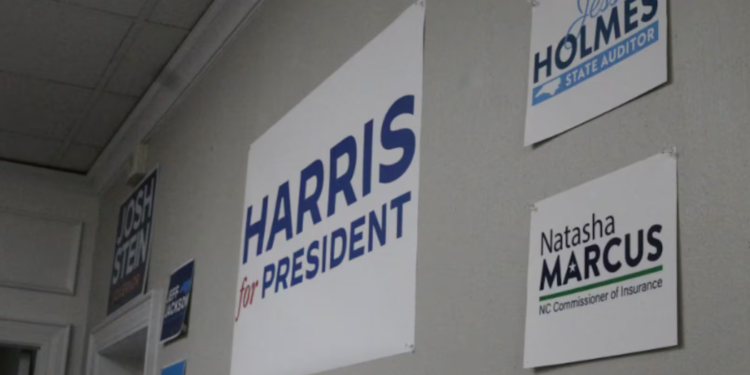 Candidate signs are displayed at the Mecklenburg County Democratic Party office on East Trade Street. (Photo: Alexandria Sands/Axios)