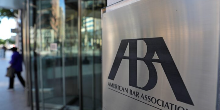 A sign is displayed outside the American Bar Association (ABA) headquarters in Washington, D.C., on May 10, 2021. (REUTERS/Andrew Kelly/File Photo)
