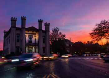 The sun sets behind Northampton City Hall on November 7, 2021. (Photo by Will Katcher/MassLive)