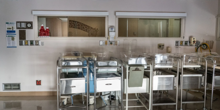 Empty infant cribs remain unused at Madera Community Hospital in Madera, California, which ceased operations in January 2023. (Photo by Melina Mara/The Washington Post via Getty Images)