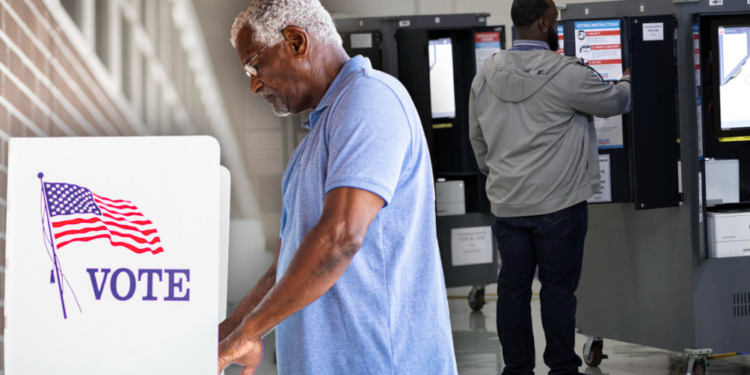 Black men casting their votes at election booths. (Photo illustration by Jack Forbes; images: Getty Images, Alex Wong/Getty Images) (Getty Images)