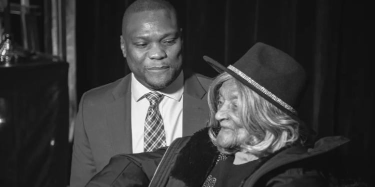 Tulsa Mayor Monroe Nichols stands alongside 110-year-old Lessie Benningfield Randle, a survivor of the Tulsa Race Massacre, during his inauguration ceremony on Monday, December 2, 2024. (City of Tulsa)