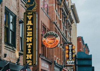vertical shot of street with the valentine restaurant sign in nashville usa