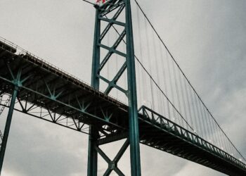 The steel tower of the Ambassador International Bridge connecting United States and Canada