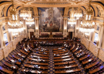 The Pennsylvania House chamber within the Capitol building in Harrisburg. (Photo by Amanda Berg/Spotlight PA)