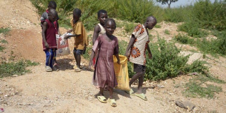Six-year-old Juliet Samaniya carries a bag of lithium alongside other children at an unauthorized mining site in Paseli, Nigeria, on Tuesday, November 5, 2024. (AP Photo/Sunday Alamba)