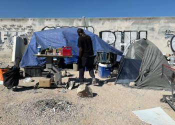 Maurice Clark, currently homeless on the streets of Las Vegas, completed a survey that could assist him in securing housing. However, he remains in limbo, waiting for the next steps. (Angela Hart/KFF Health News)