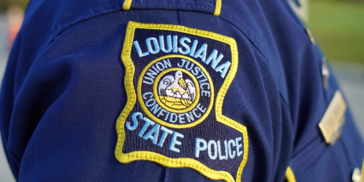 A Louisiana State Police trooper's sleeve patch is pictured in 2021. (Allen G. Breed/AP)