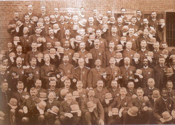 A photograph of the Indianapolis Police Department taken on Decoration Day in 1890 shows Benjamin Thornton positioned in the third row from the front, third from the right. (Image courtesy of FindAGrave.com)