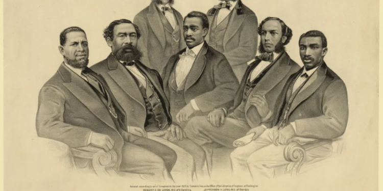 An illustration shows the first Black congressional representatives, featuring U.S. Senator Hiram Rhodes Revels from Mississippi. Image courtesy of Currier & Ives, via the Library of Congress, LC-DIG-ppmsca-17564.