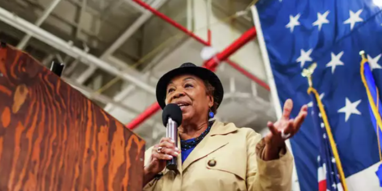 Rep. Barbara Lee addresses attendees during a Veterans Day celebration held at the USS Hornet Museum in Alameda on November 11. (Photo: Gabrielle Lurie / The Chronicle)