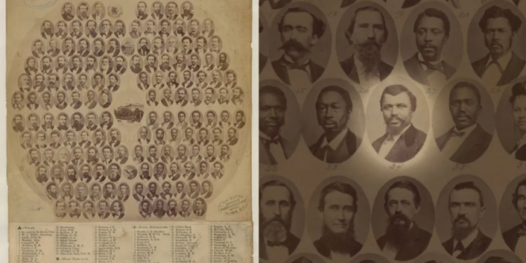 Charles Caldwell, one of 16 Black delegates at Mississippi’s post-war constitutional convention in 1868, is depicted in a montage of the state legislature from 1875. He was assassinated that same year as part of “the Mississippi Plan,” a strategy to uphold White political dominance. (Image courtesy of the Library of Congress Prints and Photographs Division.)